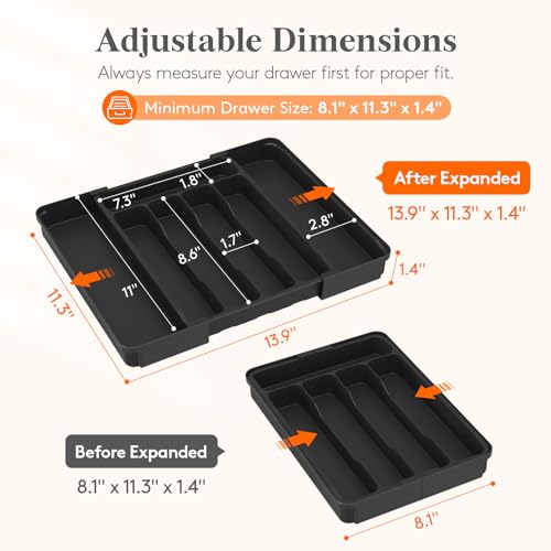 Lifewit Black Expandable Silverware Organizer for Drawer, Medium Slim (8.1-13.9 inch)