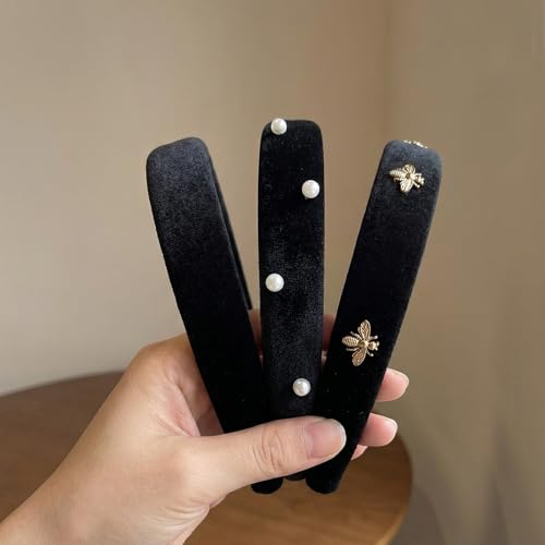 Black Velvet Headbands for Women 3-Piece Set with Pearl and Bee