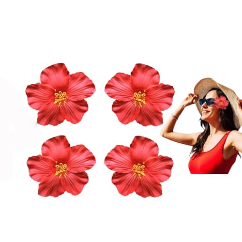 Red Hawaiian Flower Hair Clip 4-Pack - 8cm Bohemian Tropical Hair Accessory