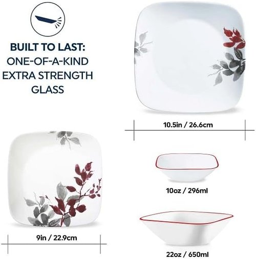 Corelle Kyoto Leaves Dinnerware Set - 16pc Service for 4 | Chip & Break Resistant, White
