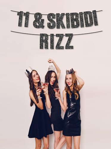 Skibidi Rizz 11th Birthday Black Glitter Banner Gen Z Party Supplies