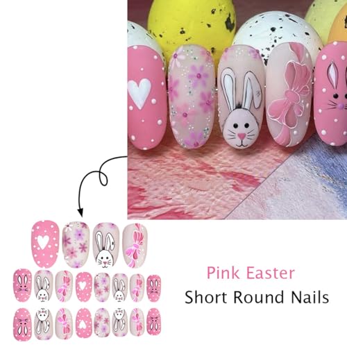 Easter Press on Nails Medium Almond Pink Matte Bunny Fake Nails