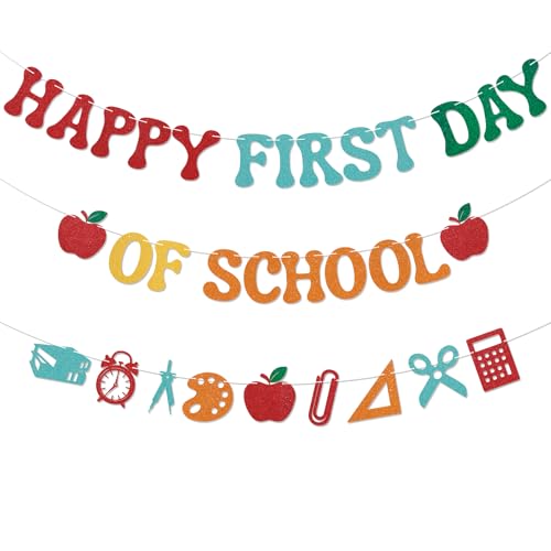 Happy First Day of School Banner - Colorful Glitter Decor