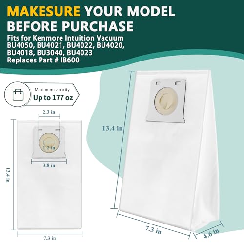 Funmit IB600 HEPA Vacuum Bags Compatible with Kenmore Intuition Upright Vacuum Cleaner of all models, BU4050 BU4021 BU4022 BU4020 BU4018 BU3040 BU4023 etc, 6 Pack, White
