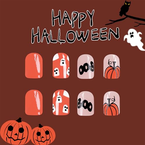 Halloween Cute Ghost Press on Nails Short Square False Nails 24Pcs