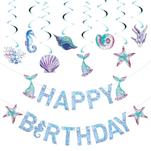 Mermaid Birthday Decorations Set with Banner & Hanging Swirls