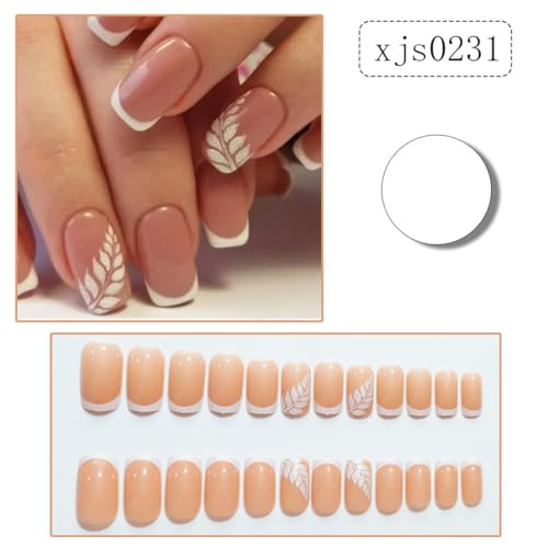 White French Tip Press On Nails Medium Square Fake Acrylic Nails Kit 24 Pcs
