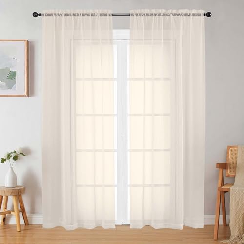 Cream Sheer Curtains 84" Long - Set of 2 Modern Drapes