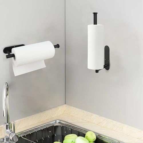 Black Under Cabinet Paper Towel Holder - Adhesive or Wall Mount Rack