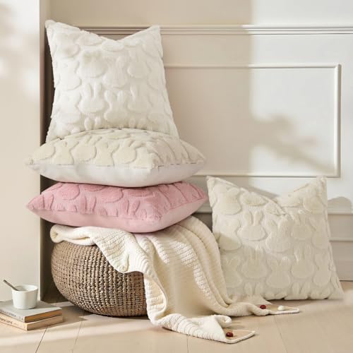 Cream White Faux Fur Bunny Throw Pillow Covers - Set of 2, 18x18