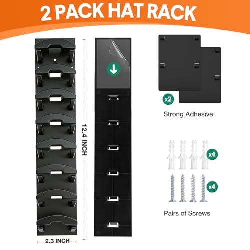 Black Hat Organizer - 2 Pack Wall Rack for Baseball Caps, Holds 16 Hats