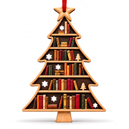 Book Lovers Christmas Tree Ornament - Wooden Book Stack with Snowflakes - Book Tree 1
