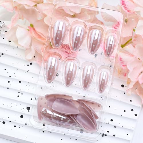 Short Almond White Polka Dot Press on Nails Glossy Fake Nails Kit