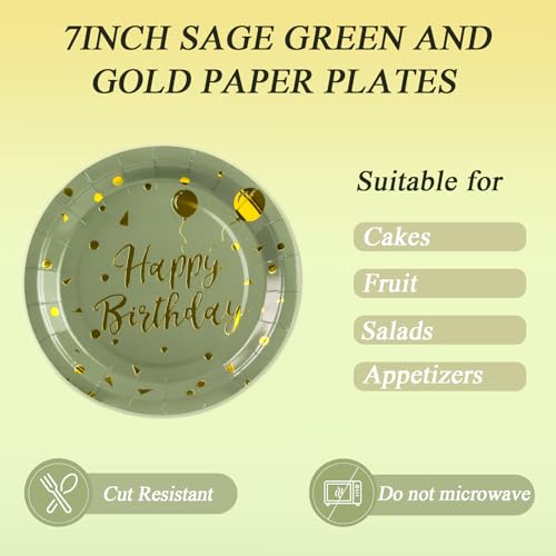 Sage Green and Gold Birthday Party Tableware Set - 72PCS