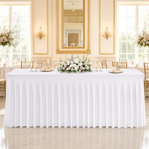 White Stretch Spandex Tablecloths 6ft Fitted with Skirt for Weddings Party Banquets