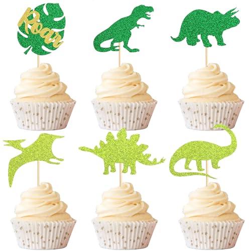 12 Dinosaur Cupcake Toppers - Glittery Party Decor for Kids