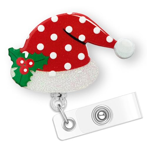 Santa Hat Badge Reel Holder - Retractable Christmas Badge Holder for Nurses & Medical Staff with Alligator Clip & 24-Inch Nylon Cord
