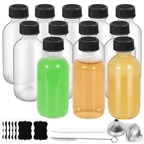 12-Pack 2oz Transparent Glass Bottles with Lids - Leakproof