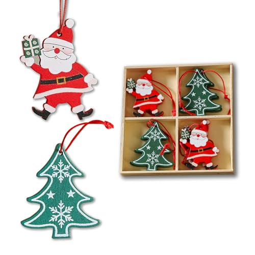 Wooden Christmas Tree Ornaments Set Santa Claus Hanging Decorations 8PCS
