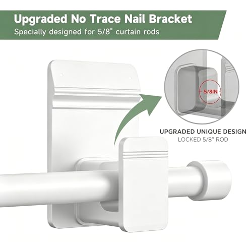 EKOTTOK No Drill Curtain Rod Brackets for 5/8" Rods - 2PC White, Heavy Duty, Damage-Free
