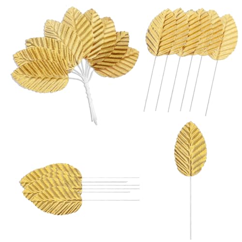 200 Pcs Artificial Gold Leaves with Stems for DIY Floral Crafts & Decor