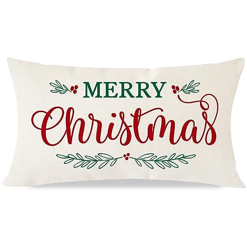 Merry Christmas Pillow Cover 12x20 Inch - Cream Polyester