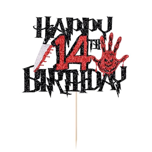 Glitter Killer Happy 14th Birthday Cake Topper - Halloween Decor