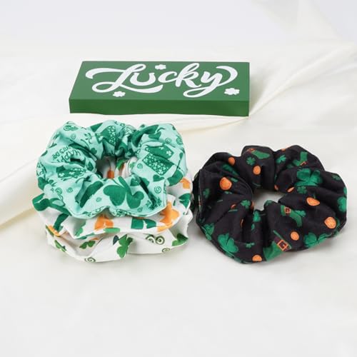 St Patrick's Day Hair Scrunchies 4-Pack Green Shamrock Irish Ponytail Holders