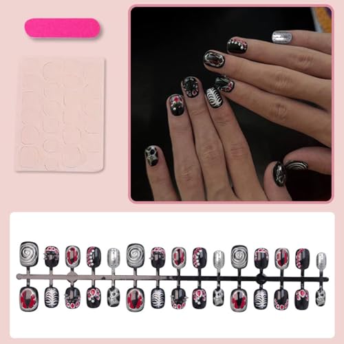 Gothic Press On Nails Short Square Black Silver Y2K False Nails 30Pcs