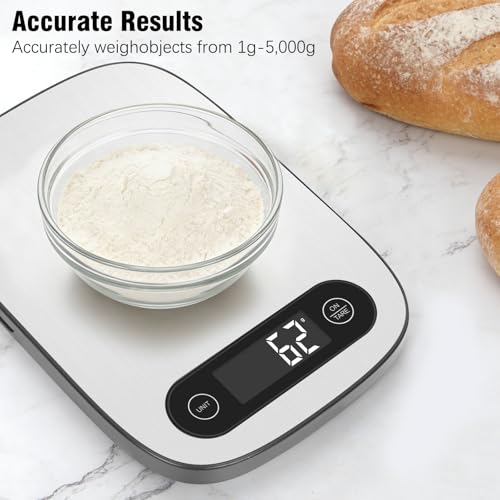 QFEISETH 11lb Digital Food Scale - White Stainless Steel Kitchen Scale with Tare Function & Backlit LCD