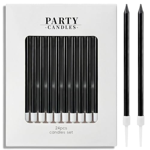 Black Long Thin Birthday Candles 24-Pack Tall Cake Toppers Party Supplies