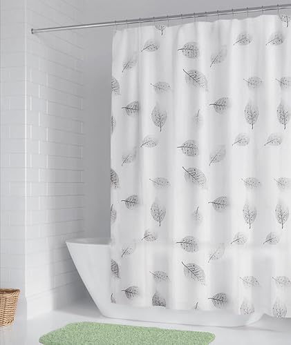 SUJAYU 72x72 Inch PEVA Shower Curtain Liner with Hooks, Grey Leaf Print