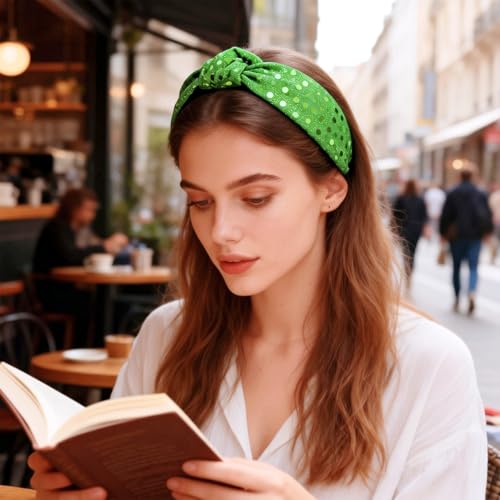 St. Patrick's Day Green Top Knot Headband Sequin Hair Accessory for Women