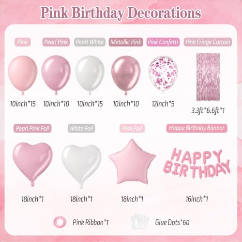 Pearl Pink Birthday Decorations Set with Foil Balloons and Banner