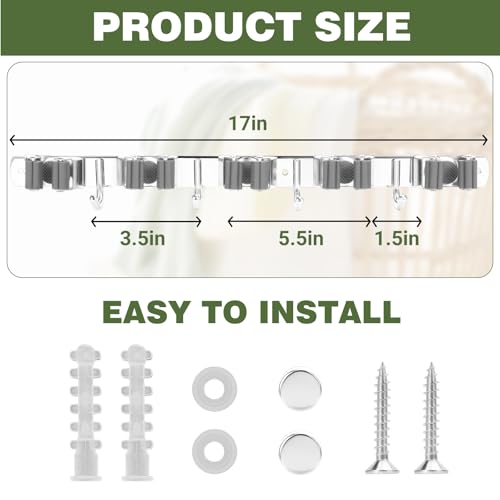 UNIFUN Stainless Steel Broom Holder Wall Mount with 5 Racks & 4 Hooks