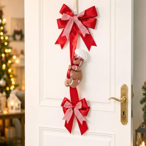 Christmas Door Hanger Decorations with Red Bow and Gingerbread - Festive Holiday Decor