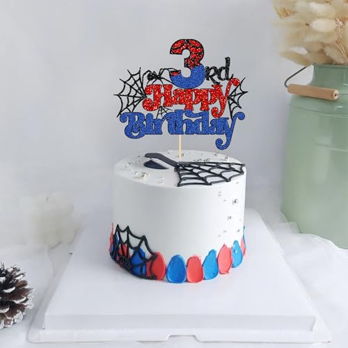 Spider Happy 3rd Birthday Cake Topper - Glitter Red & Blue Party Decor