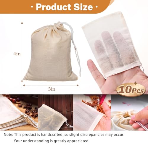 10 Pack Muslin Drawstring Bags - Natural Cotton Tea & Spice Bags