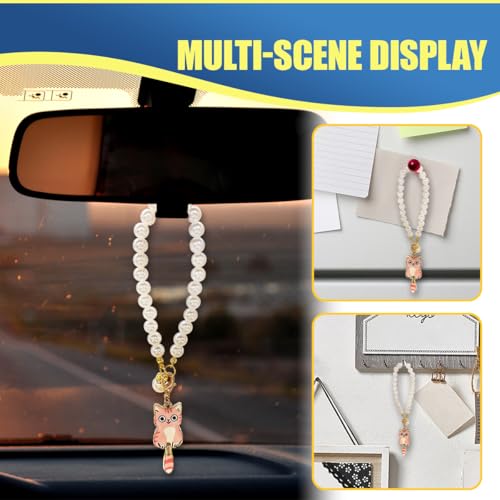 Deaelf Cute Cat Car Mirror Hanging Accessory with Pearl Chain Pink