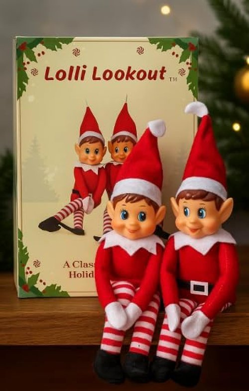 Lolli Lookout™ Christmas Elf Pair - Set of 2 Classic Plush Figurines | 14-Inch Red Holiday Shelf Sitters for Mantel Decor