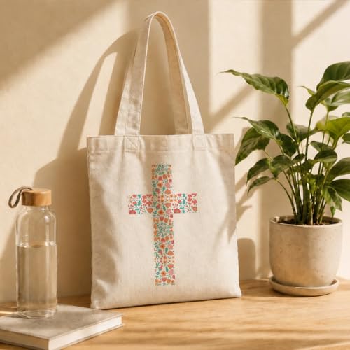 Christian Tote Bag Style 35 - Floral Cross Canvas Reusable Bag