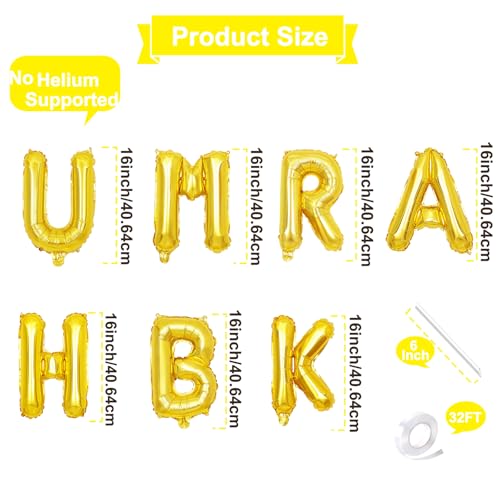 16-Inch Umrah Mubarak Letter Balloons Banner - Gold Mylar Decorations