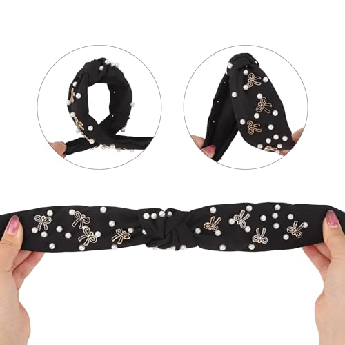 Santoddle Pearl Knot Headband for Women Black Wide Hair Band