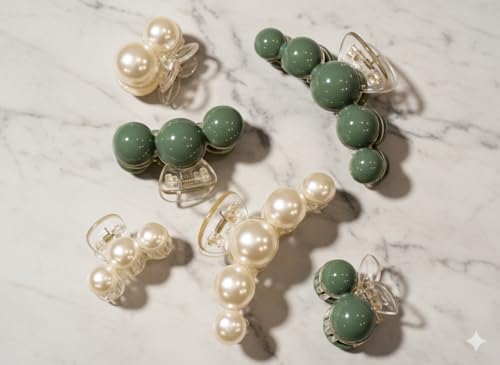 Faux Pearl Hair Claw Clips Set - Green Non-Slip Jaw Clips for Thick Hair