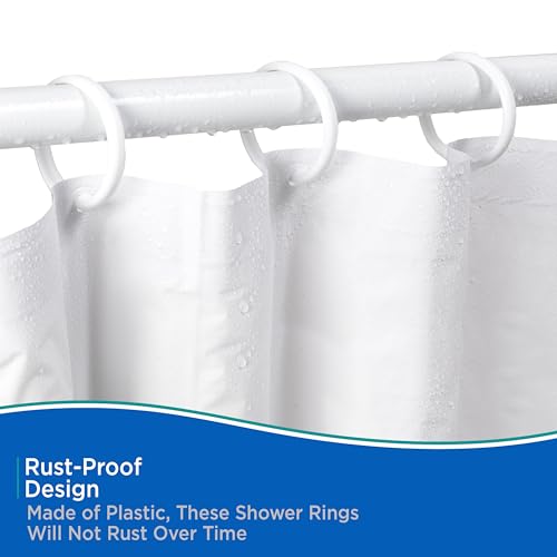 Kenney White Rust-Proof Plastic Shower Curtain Rings - Set of 12, Easy Snap Closure, Fits Standard Shower Rods, Bathroom Use