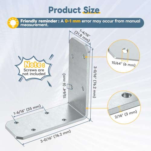 YogePote 3"x3"x1.2" L Brackets for Wood, Galvanized Steel Angle Brace (4PCS)