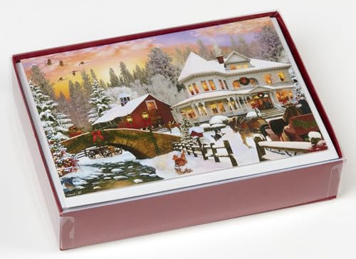 Christmas Greeting Cards Set with Gold Foil Envelopes - 15 Cards in Red Box
