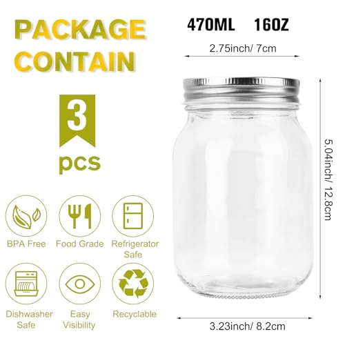 ODDMUCK 16oz Mason Jars with Lids, 3-Pack Regular Mouth Glass Jar GMJ11