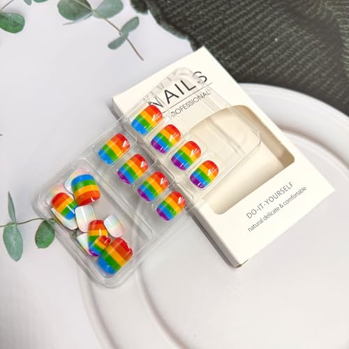 Rainbow Press on Nails Short Square Colorful Stripes Glossy Fake Nails 24Pcs