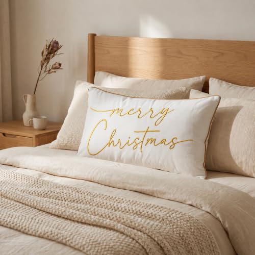 ONWAY Merry Christmas Embroidered Pillow Cover 12x20 White Gold Holiday Decor
